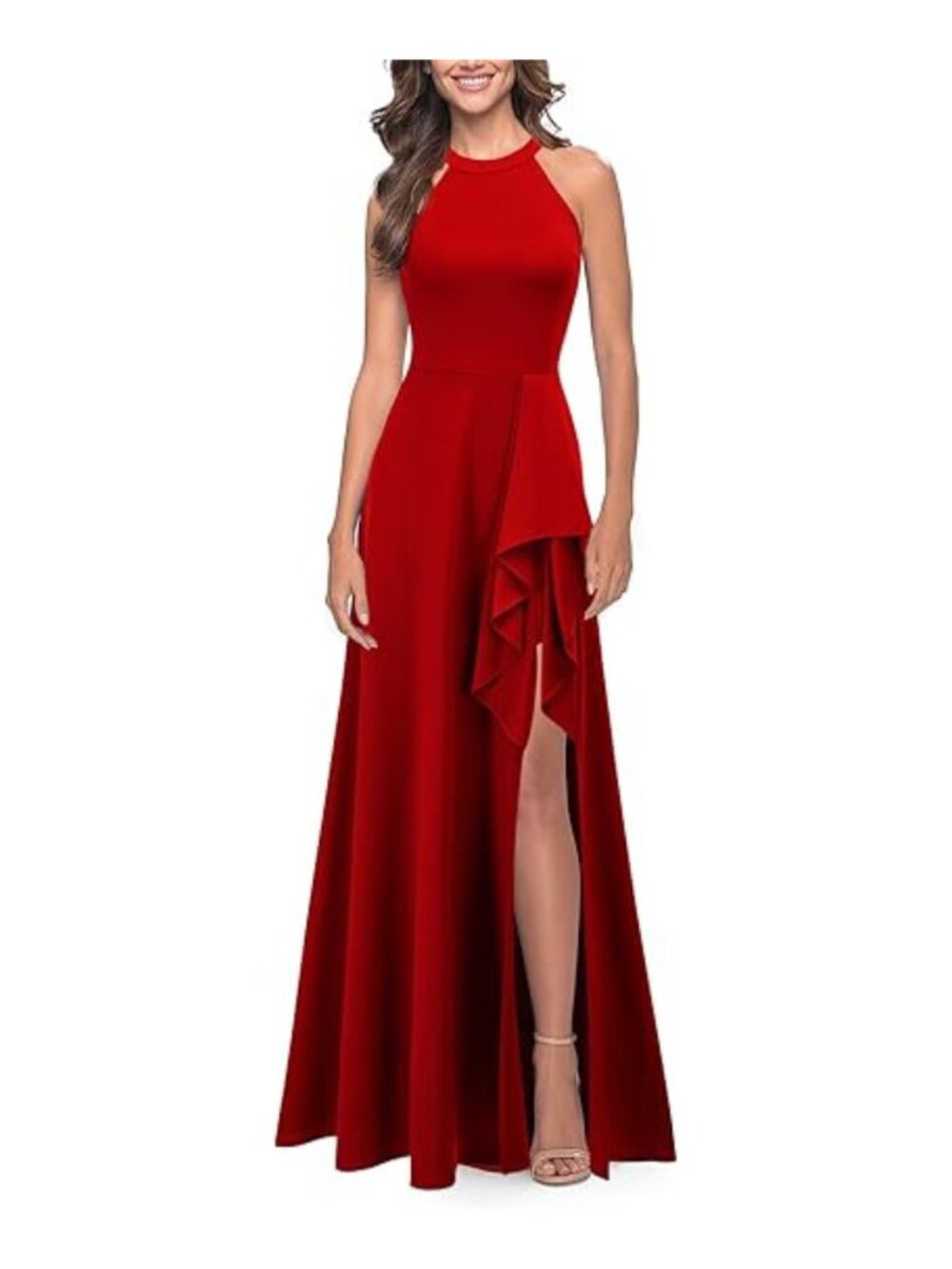 FORTRIC Women Halter Split Formal Cocktail Wedding Guest Dress Gown